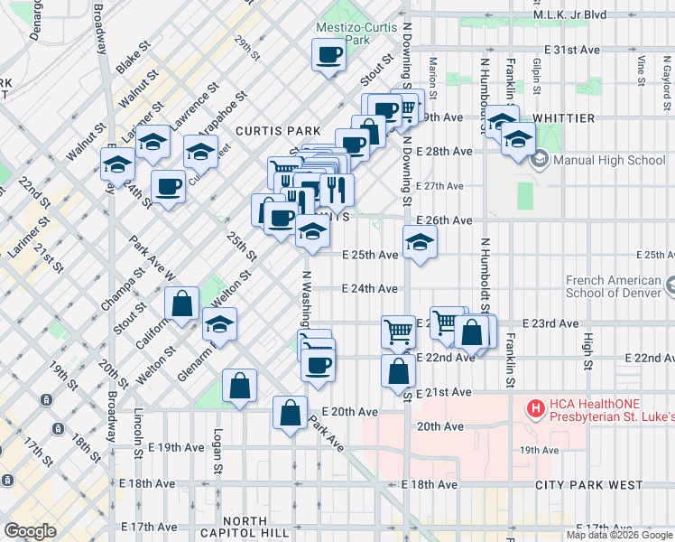 map of restaurants, bars, coffee shops, grocery stores, and more near 2428 North Clarkson street in Denver