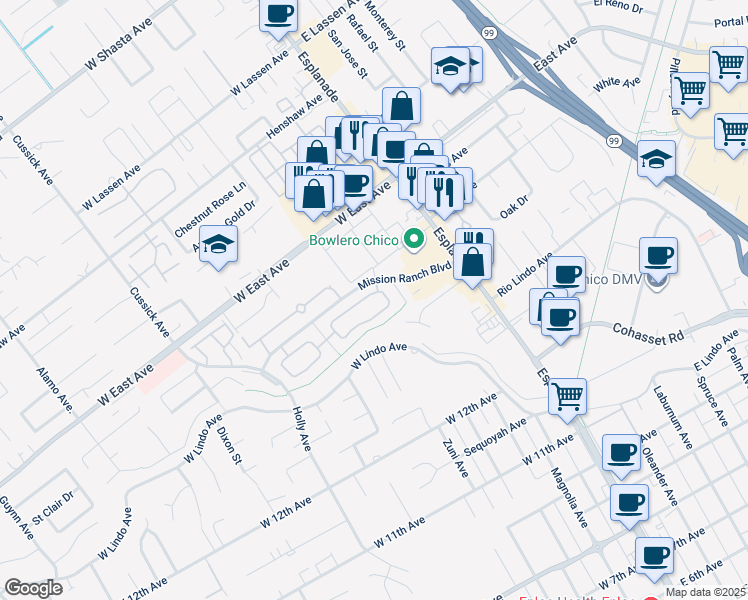 map of restaurants, bars, coffee shops, grocery stores, and more near 203 Mission Serra Terrace in Chico