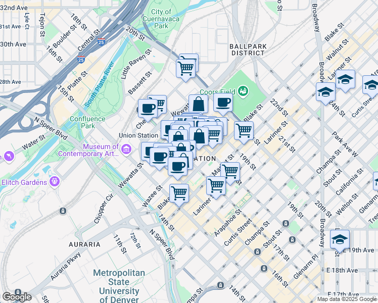 map of restaurants, bars, coffee shops, grocery stores, and more near 1743 Wazee Street in Denver