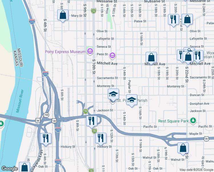 map of restaurants, bars, coffee shops, grocery stores, and more near 1513 South 11th Street in Saint Joseph