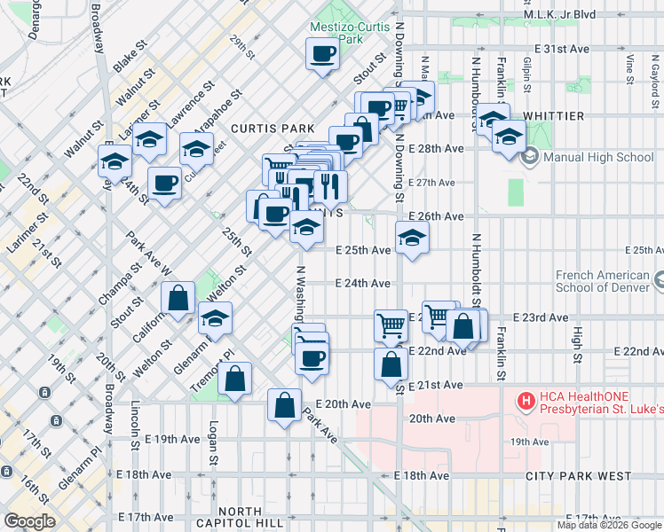 map of restaurants, bars, coffee shops, grocery stores, and more near 2451 Emerson Street in Denver