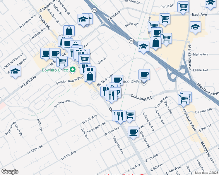 map of restaurants, bars, coffee shops, grocery stores, and more near 11 Williamsburg Lane in Chico
