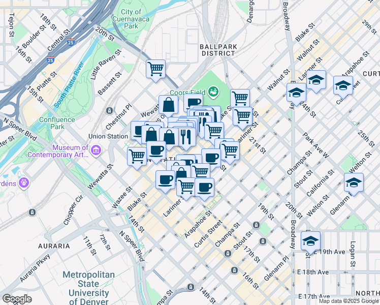 map of restaurants, bars, coffee shops, grocery stores, and more near 1835 Blake Street in Denver