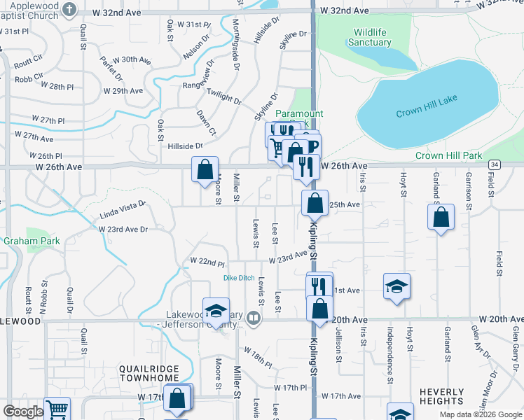 map of restaurants, bars, coffee shops, grocery stores, and more near 10229 West 25th Avenue in Denver