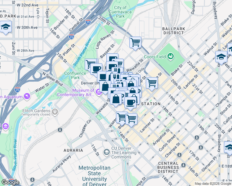 map of restaurants, bars, coffee shops, grocery stores, and more near 1650 Wewatta Street in Denver