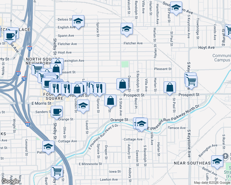 map of restaurants, bars, coffee shops, grocery stores, and more near 1619 Woodlawn Avenue in Indianapolis
