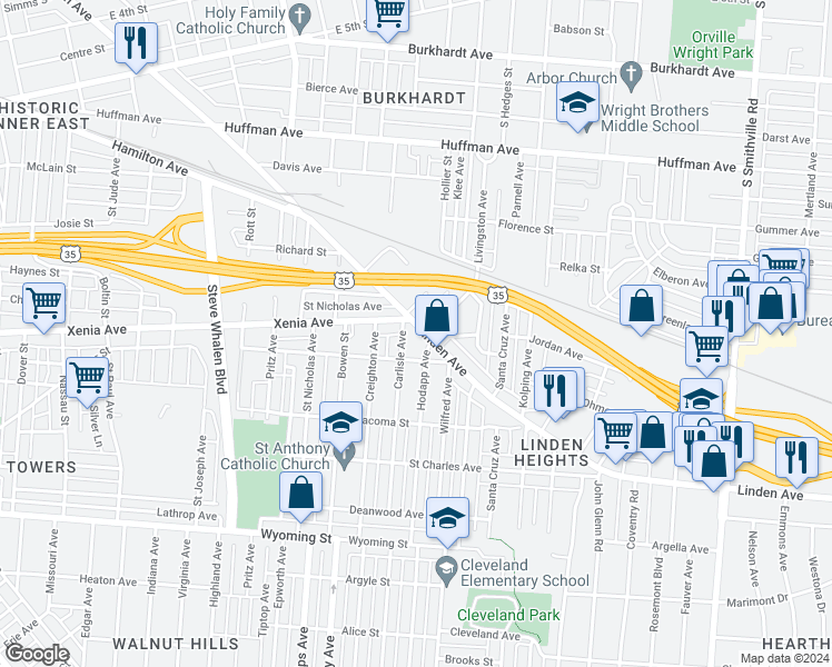 map of restaurants, bars, coffee shops, grocery stores, and more near 913 Linden Avenue in Dayton