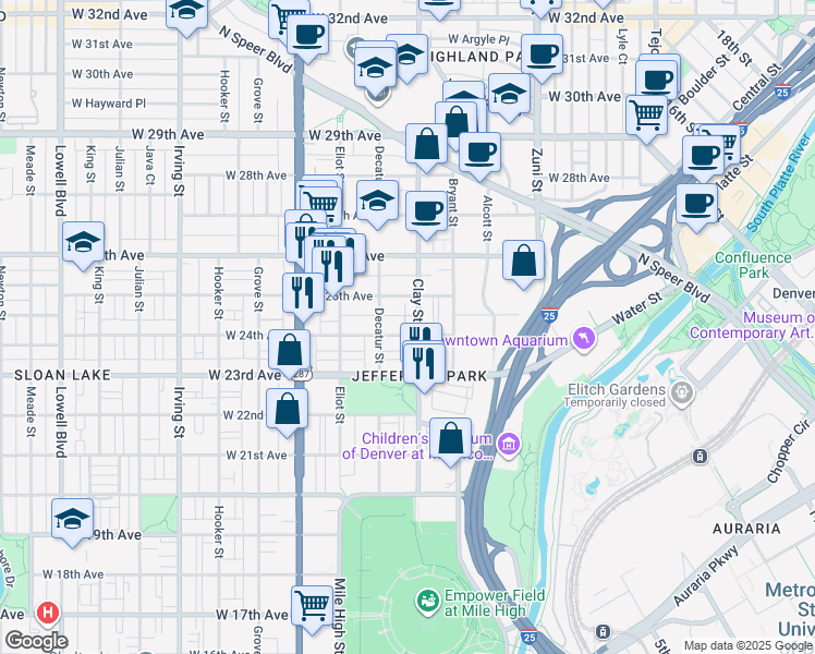 map of restaurants, bars, coffee shops, grocery stores, and more near 2711 West 24th Avenue in Denver