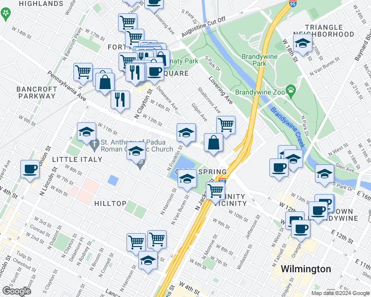 map of restaurants, bars, coffee shops, grocery stores, and more near 1106 Pennsylvania Avenue in Wilmington