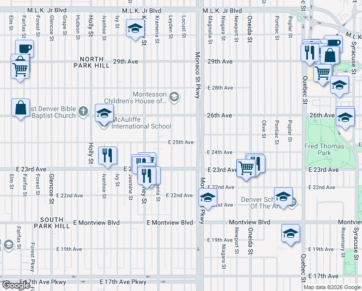 map of restaurants, bars, coffee shops, grocery stores, and more near 2501 North Locust Street in Denver