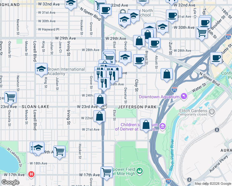 map of restaurants, bars, coffee shops, grocery stores, and more near 2425 Eliot Street in Denver