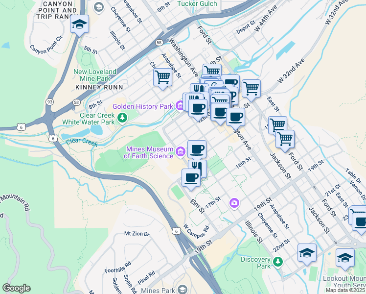 map of restaurants, bars, coffee shops, grocery stores, and more near 1112 13th Street in Golden