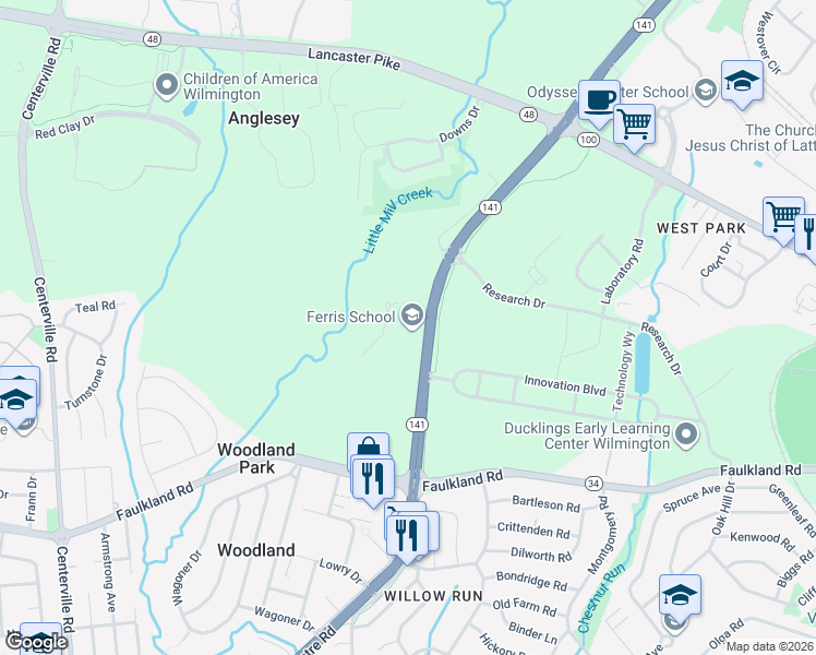 map of restaurants, bars, coffee shops, grocery stores, and more near 959 Centre Road in Wilmington