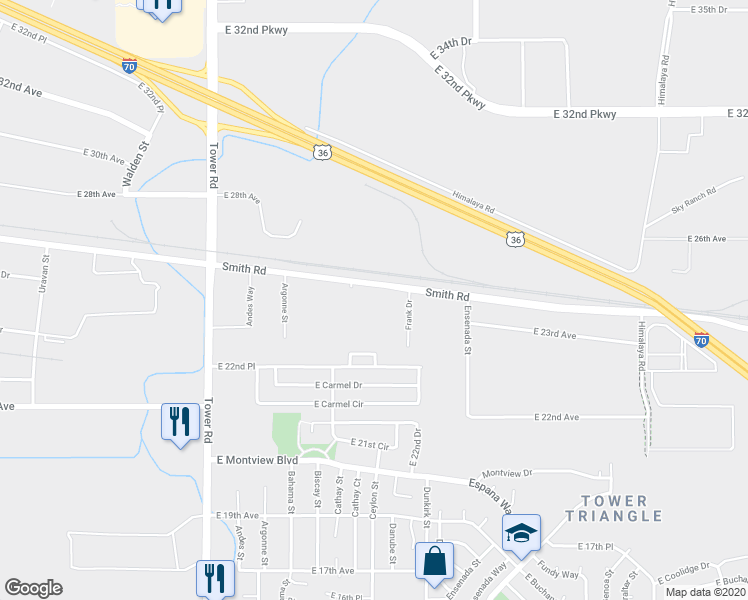 map of restaurants, bars, coffee shops, grocery stores, and more near 19160 Smith Road in Aurora
