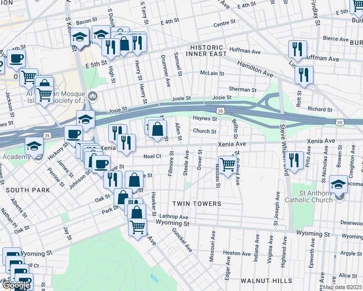 map of restaurants, bars, coffee shops, grocery stores, and more near 543 Xenia Avenue in Dayton