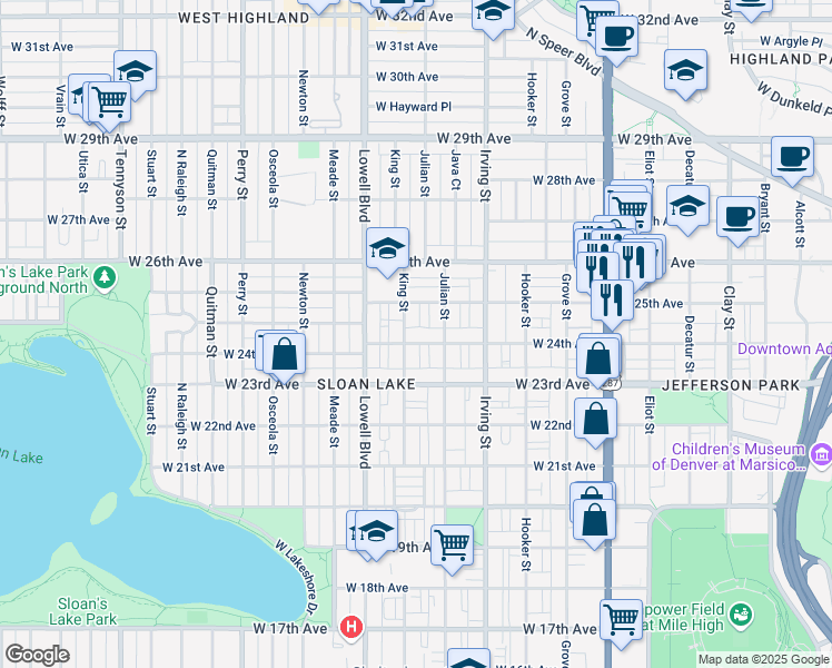 map of restaurants, bars, coffee shops, grocery stores, and more near 2426 King Street in Denver