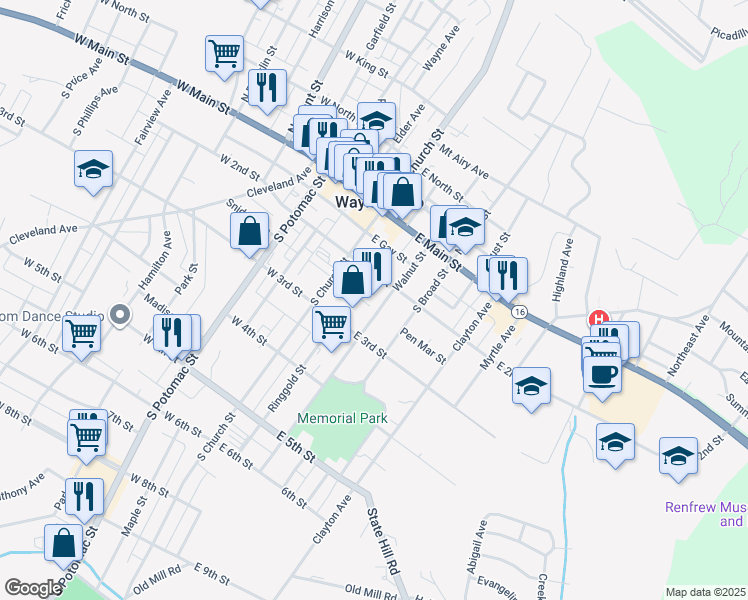 map of restaurants, bars, coffee shops, grocery stores, and more near 114 Walnut Street in Waynesboro