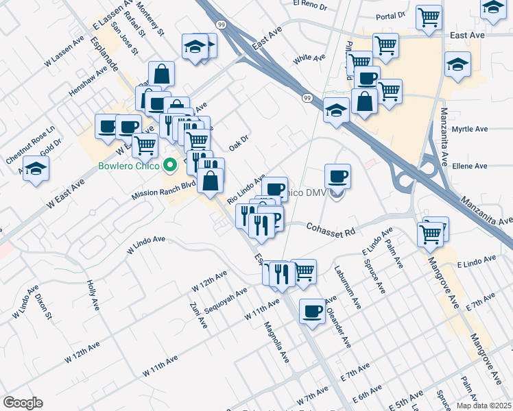 map of restaurants, bars, coffee shops, grocery stores, and more near 11 Williamsburg Lane in Chico