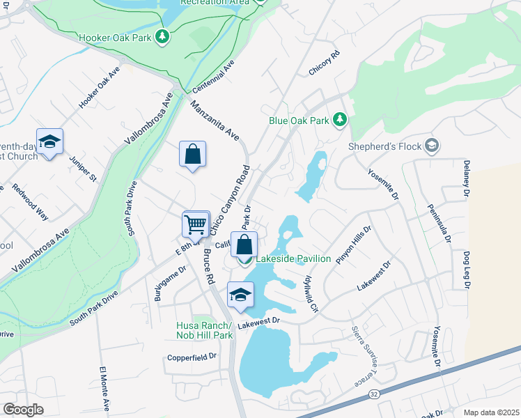 map of restaurants, bars, coffee shops, grocery stores, and more near 23 Lower Lake Court in Chico