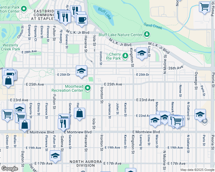map of restaurants, bars, coffee shops, grocery stores, and more near 10805 East 25th Avenue in Aurora