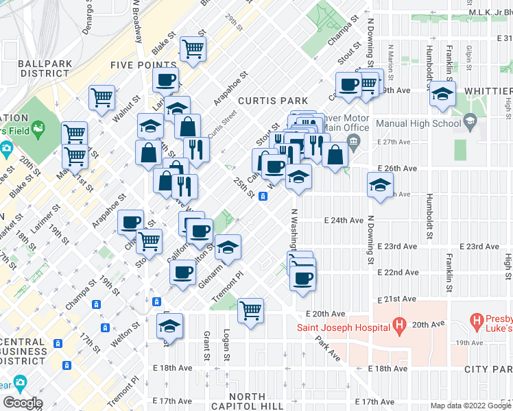 map of restaurants, bars, coffee shops, grocery stores, and more near 2501 Welton Street in Denver