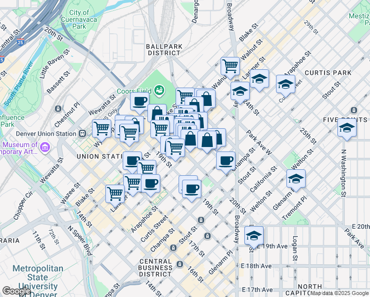 map of restaurants, bars, coffee shops, grocery stores, and more near 2007 Larimer Street in Denver