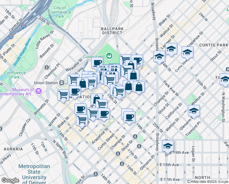 map of restaurants, bars, coffee shops, grocery stores, and more near in Denver