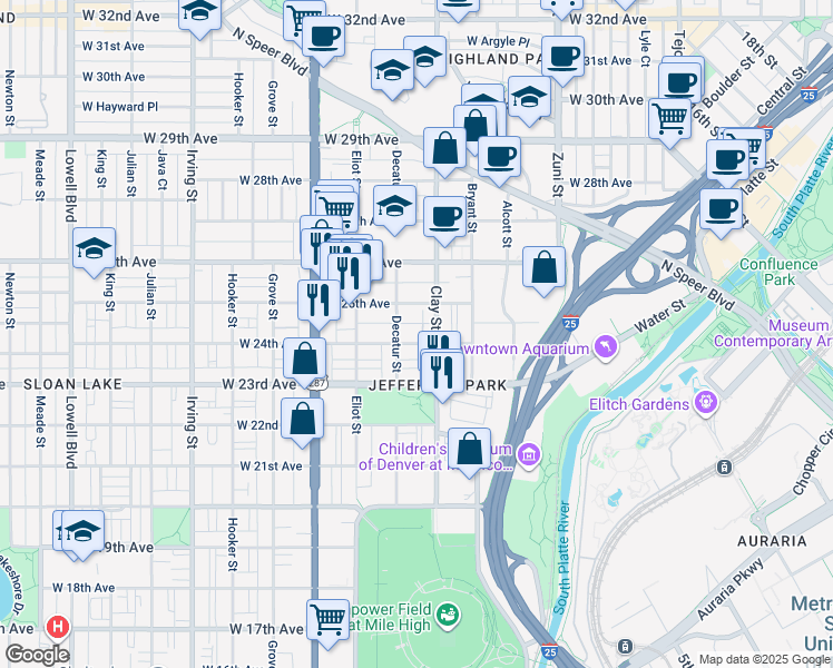 map of restaurants, bars, coffee shops, grocery stores, and more near in Denver