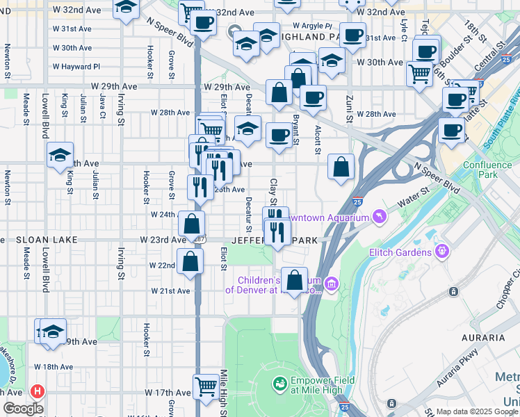 map of restaurants, bars, coffee shops, grocery stores, and more near in Denver