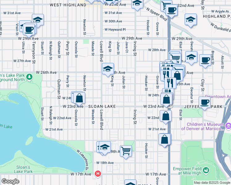 map of restaurants, bars, coffee shops, grocery stores, and more near 2426 King Street in Denver