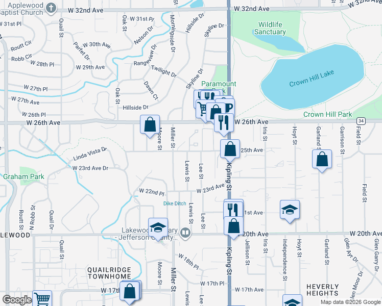map of restaurants, bars, coffee shops, grocery stores, and more near 10229 West 25th Avenue in Denver