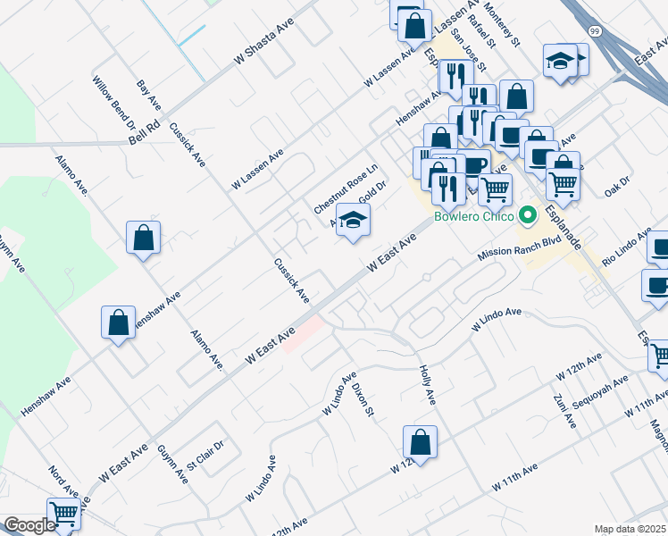 map of restaurants, bars, coffee shops, grocery stores, and more near 1 Ilahee Lane in Chico
