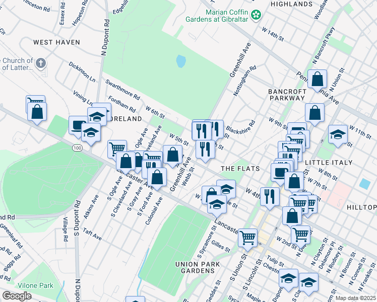 map of restaurants, bars, coffee shops, grocery stores, and more near 2708 West 5th Street in Wilmington