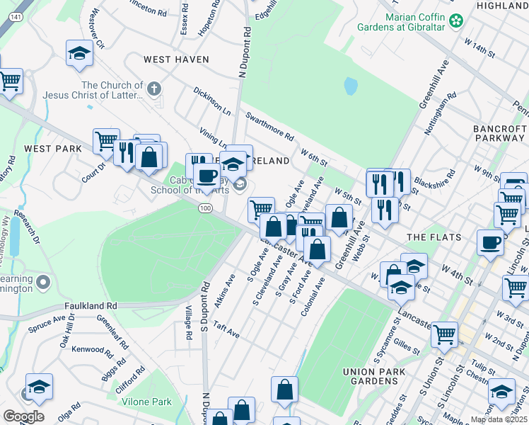 map of restaurants, bars, coffee shops, grocery stores, and more near 3201 West 2nd Street in Wilmington