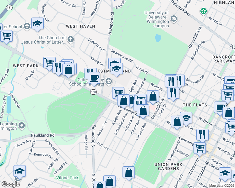 map of restaurants, bars, coffee shops, grocery stores, and more near 3201 West 2nd Street in Wilmington