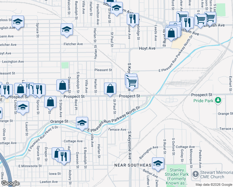 map of restaurants, bars, coffee shops, grocery stores, and more near 1042 Saint Peter Street in Indianapolis