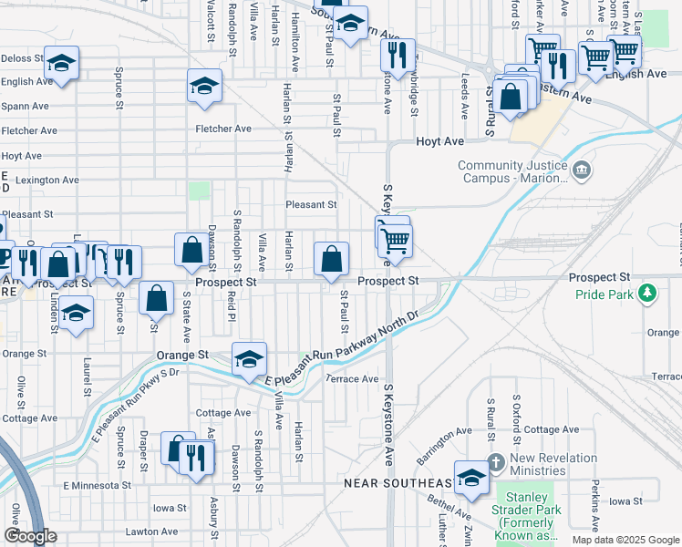 map of restaurants, bars, coffee shops, grocery stores, and more near 1046 Saint Paul Street in Indianapolis