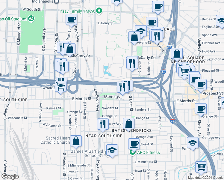 map of restaurants, bars, coffee shops, grocery stores, and more near 1042 High Street in Indianapolis