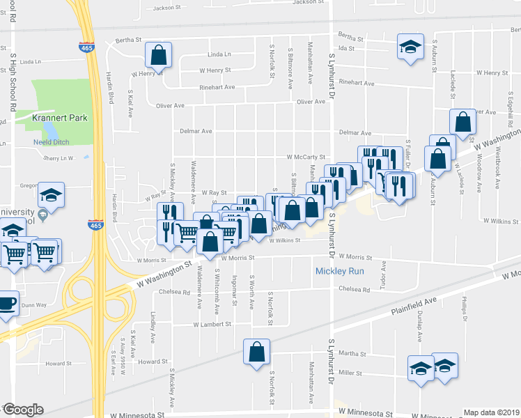 map of restaurants, bars, coffee shops, grocery stores, and more near 1017 South Worth Avenue in Indianapolis