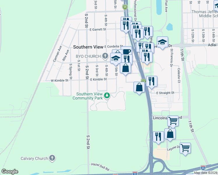 map of restaurants, bars, coffee shops, grocery stores, and more near 3400-3480 S 4th St in Southern View