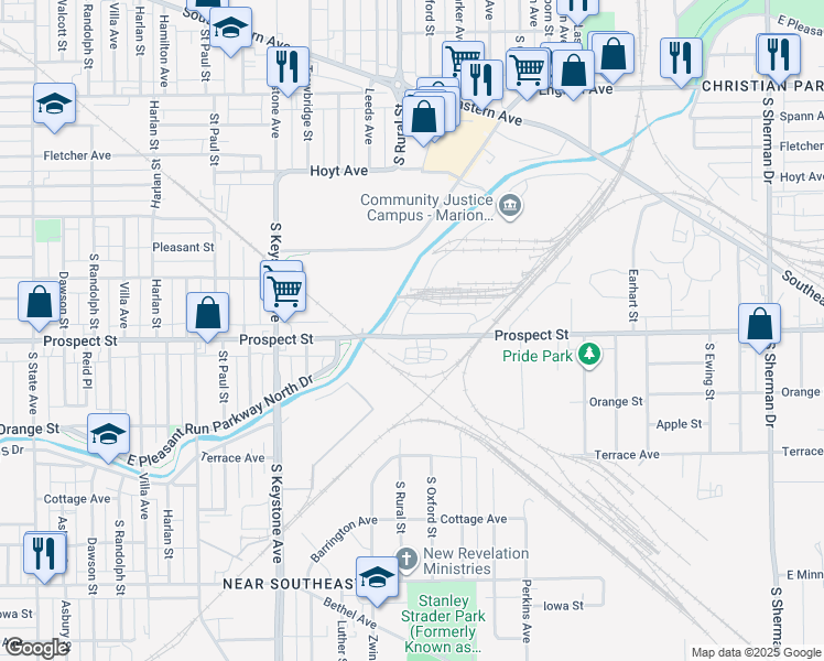 map of restaurants, bars, coffee shops, grocery stores, and more near 2950 Prospect Street in Indianapolis