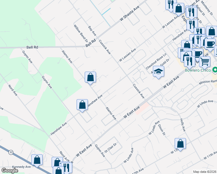 map of restaurants, bars, coffee shops, grocery stores, and more near 730 Henshaw Avenue in Chico