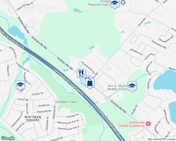 map of restaurants, bars, coffee shops, grocery stores, and more near 27 Presidential Drive in Gloucester Township