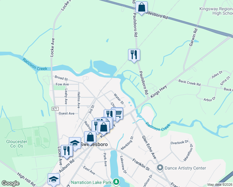 map of restaurants, bars, coffee shops, grocery stores, and more near 139 Water Street in Swedesboro