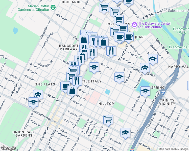 map of restaurants, bars, coffee shops, grocery stores, and more near 1715 West 9th Street in Wilmington