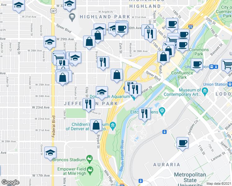 map of restaurants, bars, coffee shops, grocery stores, and more near 2400 West Byron Place in Denver