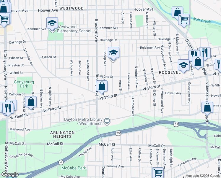 map of restaurants, bars, coffee shops, grocery stores, and more near 52 Shoop Avenue in Dayton