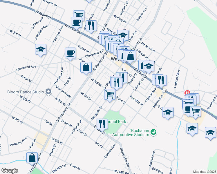 map of restaurants, bars, coffee shops, grocery stores, and more near 153 South Church Street in Waynesboro