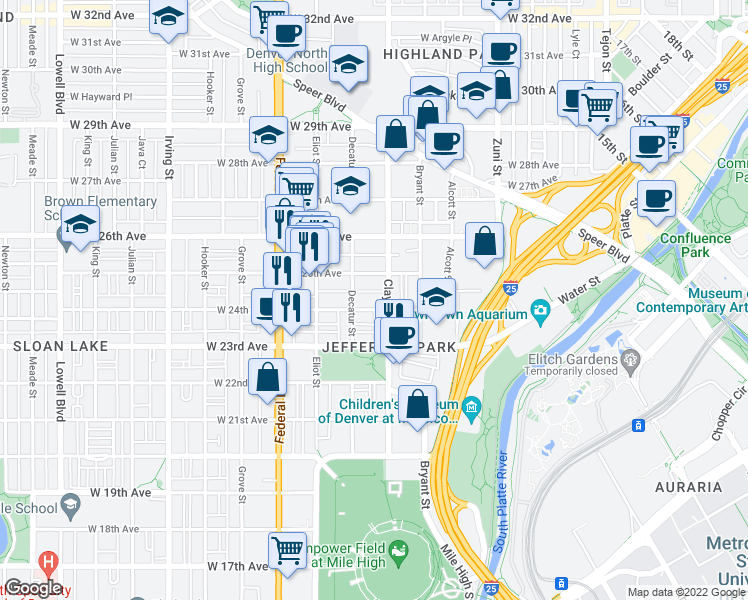 map of restaurants, bars, coffee shops, grocery stores, and more near 2721 West 24th Avenue in Denver