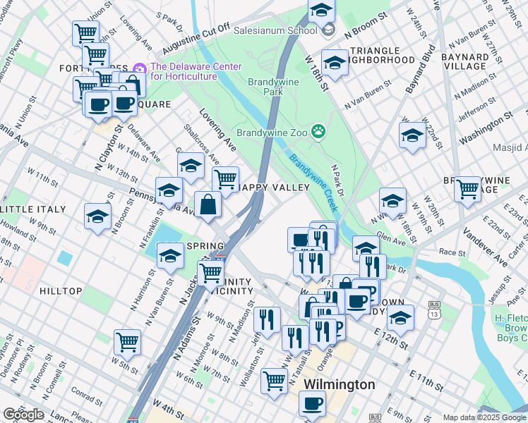 map of restaurants, bars, coffee shops, grocery stores, and more near 907 Shallcross Avenue in Wilmington